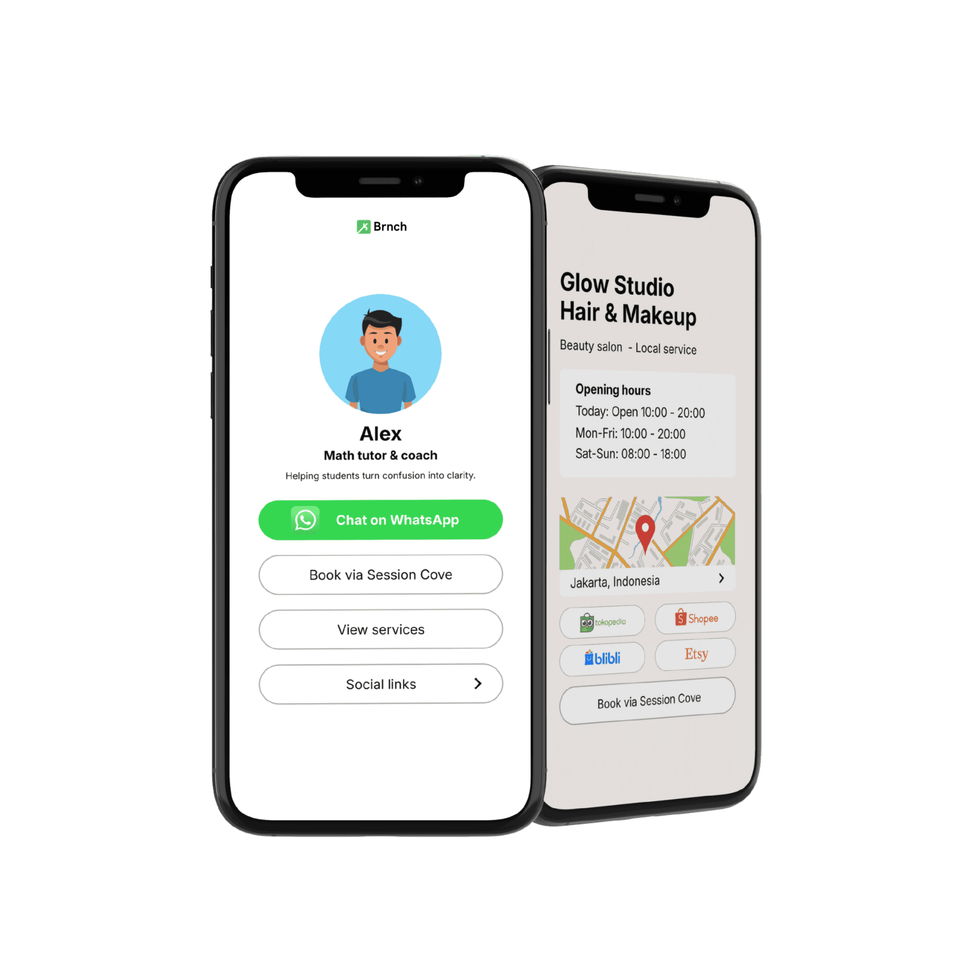 Example Brnch pages for a tutor and a local studio